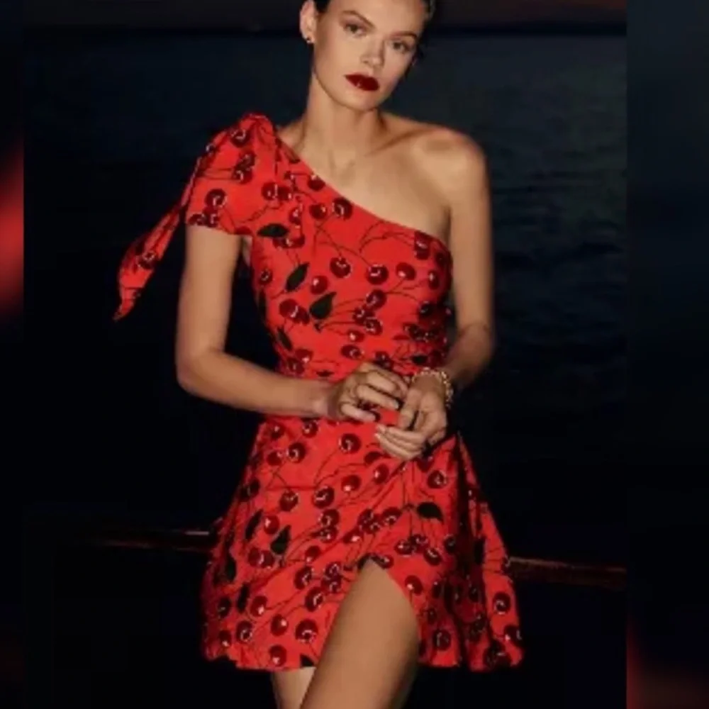 Anthropologie Maeve One-Shoulder Cherries Printed Mini Dress 14 NWT_4